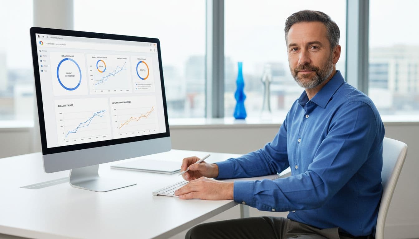 Service business owner in modern office views Google Ads smart bidding dashboard with automation graphs and bid adjustment charts in professional digital editorial style using blue, white, and orange accents.