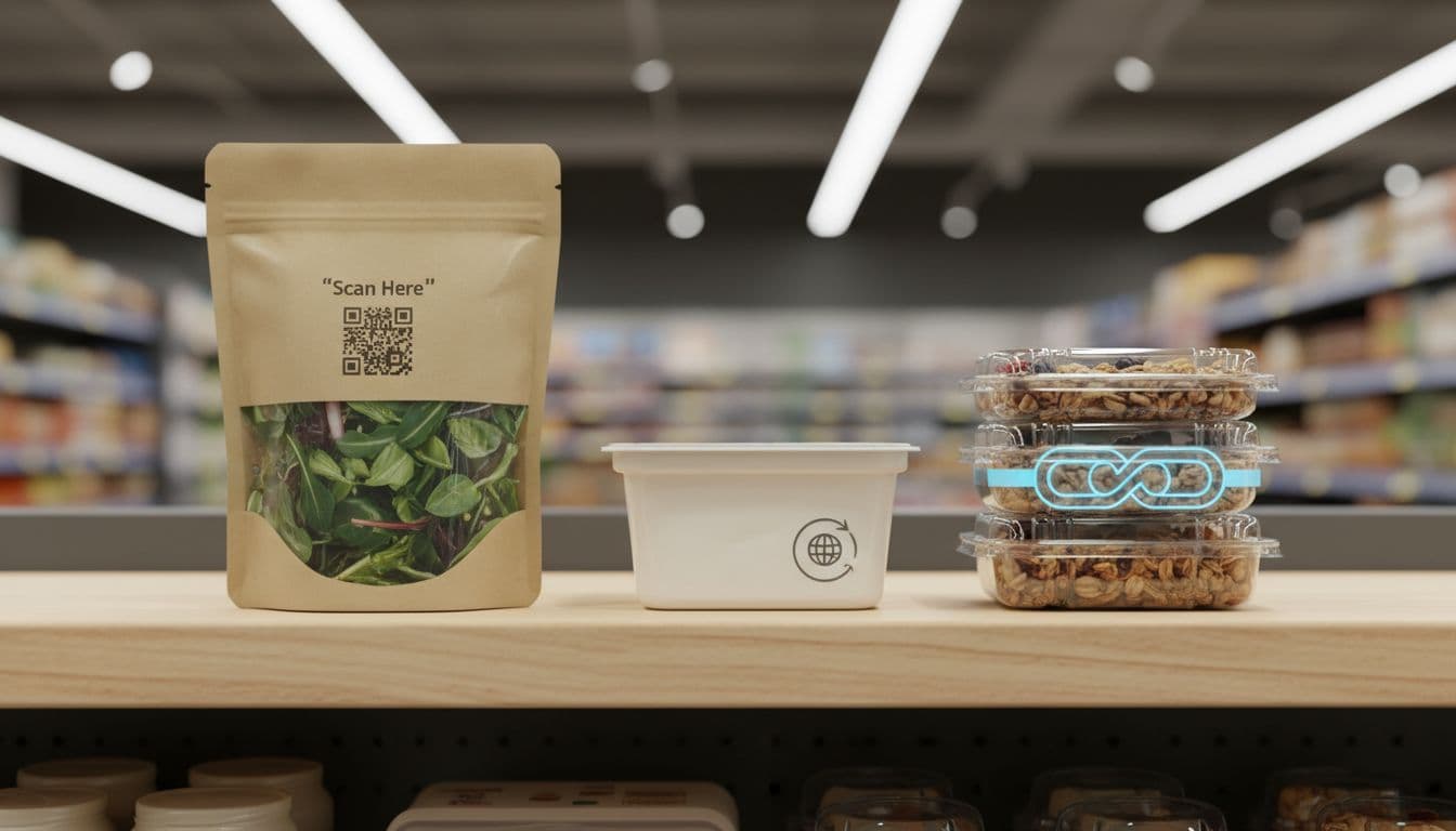 Custom food packaging with smart features like subtle QR code on stand-up pouch near fresh salad and traceability icon on tray next to yogurt, displayed on retail shelf under soft lighting. Realistic style with exactly three packages, emphasizing transparency and trust.
