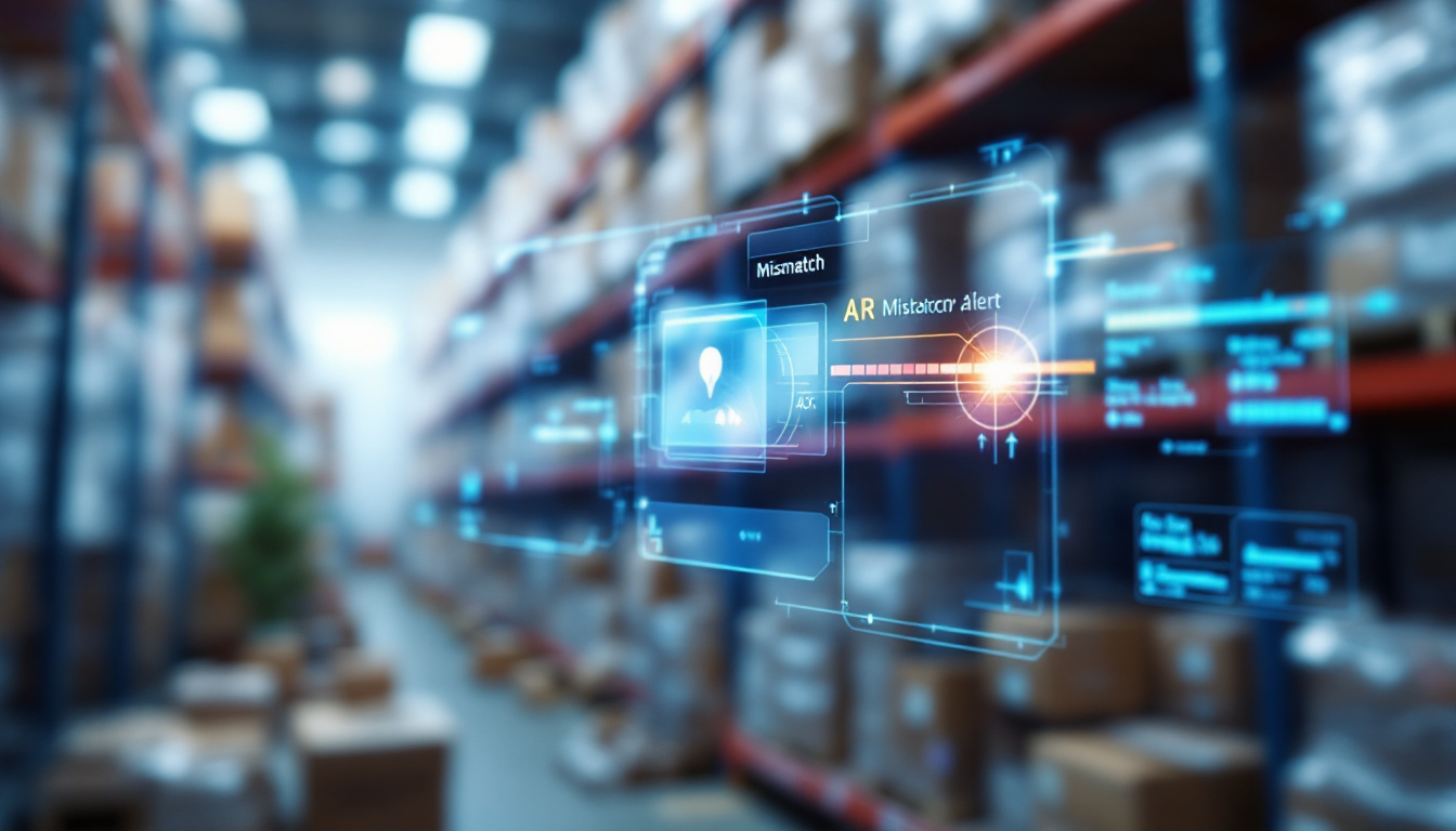 Close-up of smart glasses showing real-time inventory, with a visual alert for a wrong pick in a warehouse. Image created with AI.
