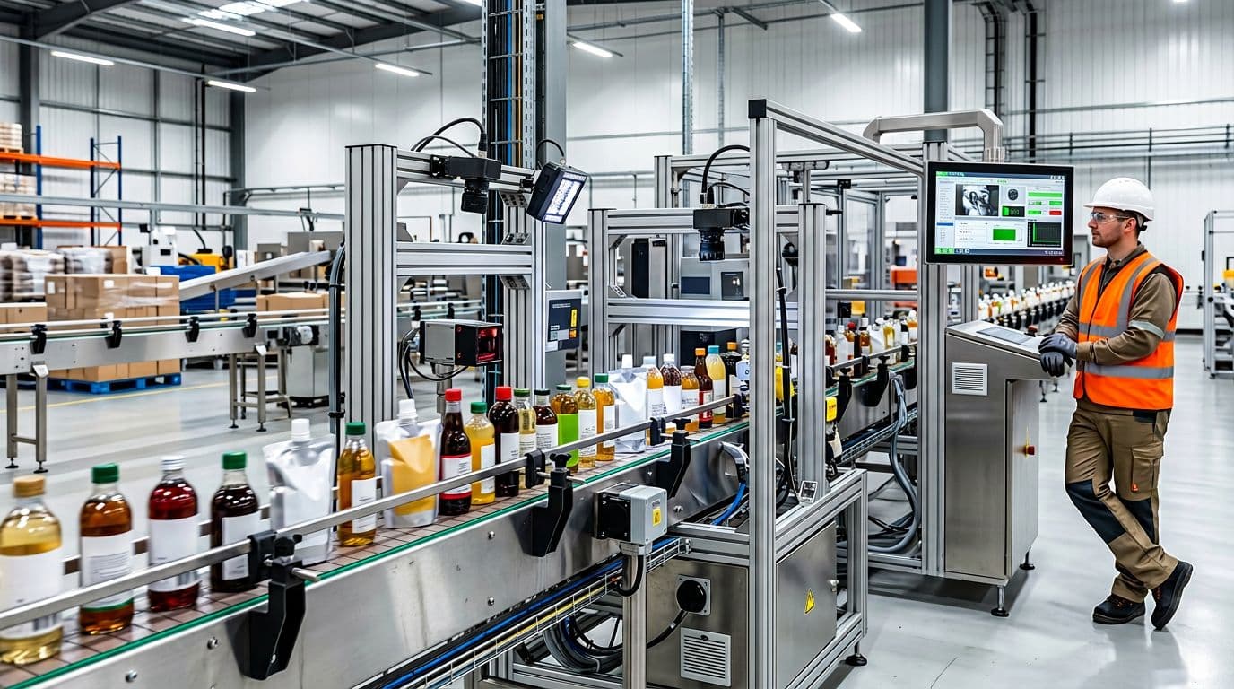 Photorealistic image of a smart labeling and automation station in a modern FMCG co-packer warehouse featuring a conveyor belt with bottles and pouches passing scanners and vision systems, monitored by one worker in safety gear.