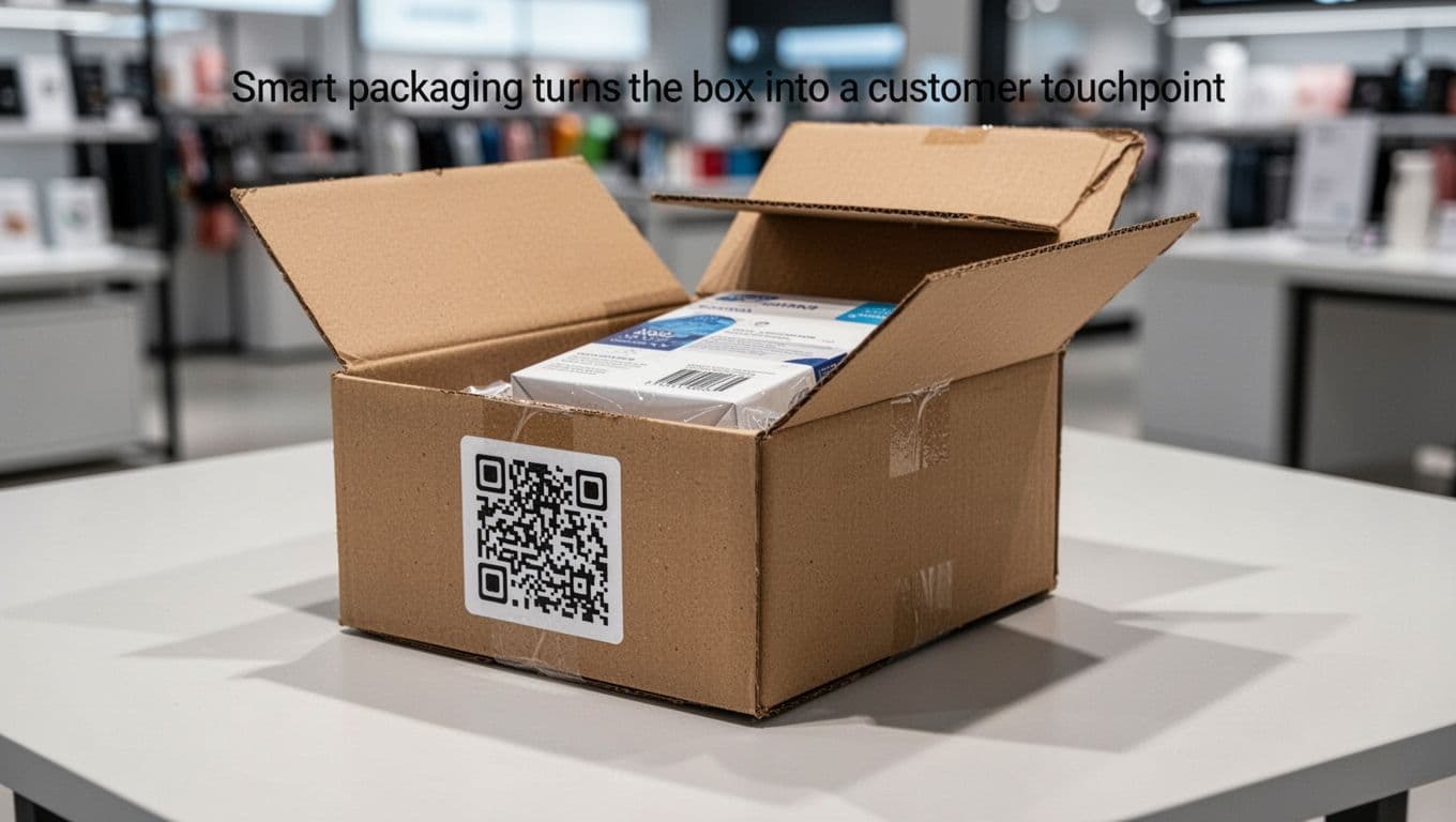 Custom shipping box with a simple QR code on the exterior, positioned on a plain table with soft shadows and blurred modern retail background. Angled view shows lid partially open revealing generic product inside, realistic photography style with natural lighting.
