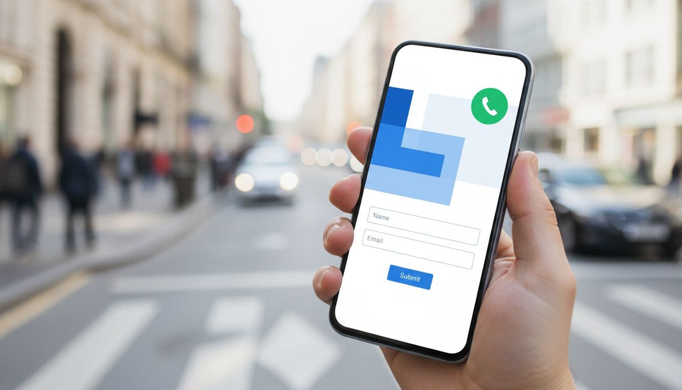Hand holds smartphone showing blurred call button and contact form on city street.