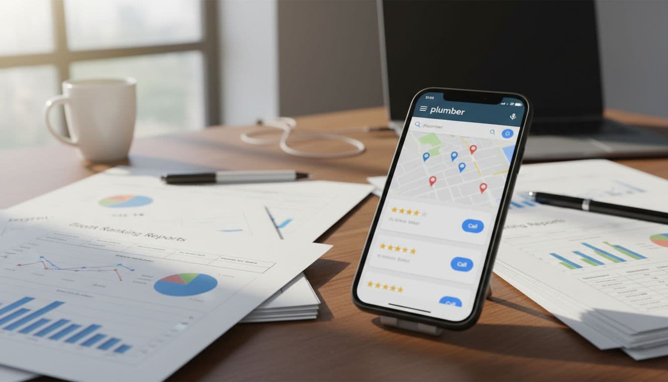 A smartphone screen shows Google local pack results for a plumber search with an integrated map, placed next to printed ranking reports on a casual workspace desk under bright window light in a realistic style and dynamic angle.