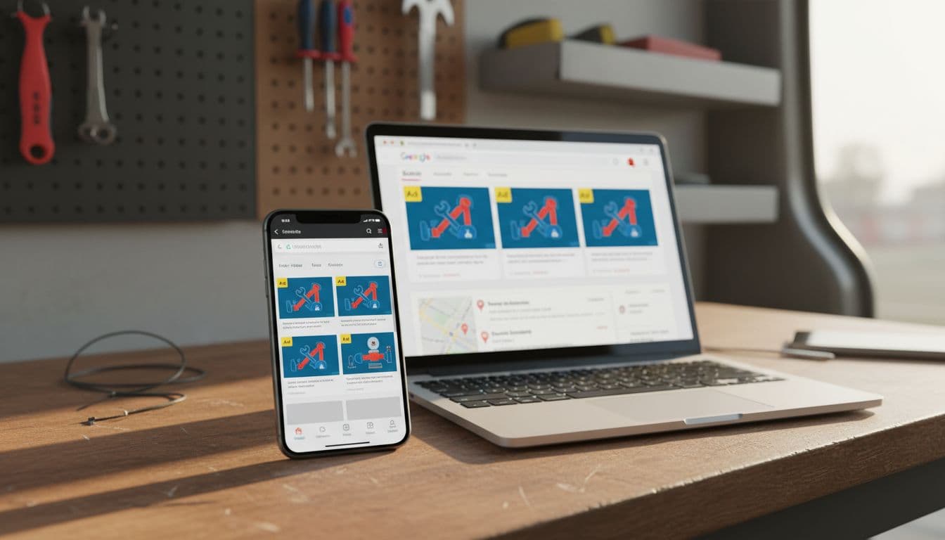 Smartphone and laptop on workbench show local plumbing and HVAC search results with highlighted ads.