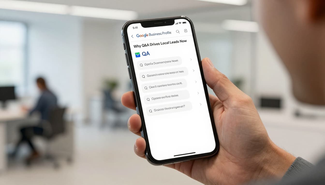 A smiling business owner holds a mobile phone displaying the Google Business Profile Q&A section with several questions and answers visible, in a modern office with natural daylight lighting and clean composition.