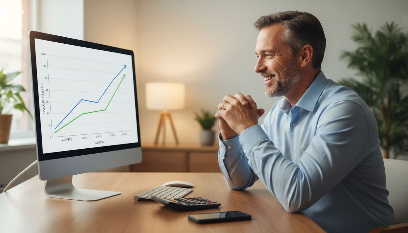 A mid-40s local service business owner smiles confidently at a rising graph comparing ad spend to qualified leads on his angled computer screen in a warm-lit modern office with calculator and phone on desk.