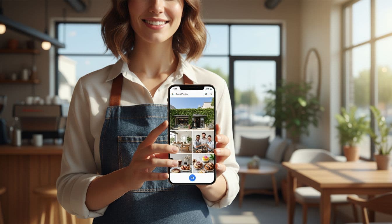 A smiling business owner in a modern cafe holds a smartphone displaying a vibrant Google Business Profile featuring high-quality photos of the store exterior, bright interior, team, and fresh products, with a prominent call-to-action button.