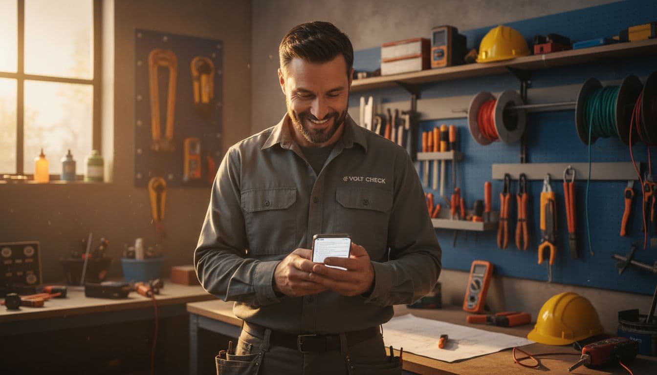 Electrician business owner smiling while reading positive customer reviews on his phone after a job, in a workshop background with electrical tools. Warm lighting and realistic style convey review management satisfaction.