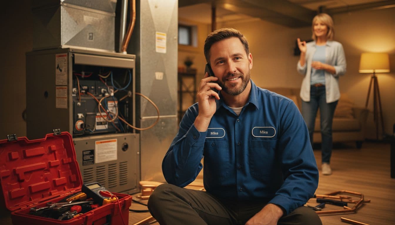 HVAC technician smiling during phone call from ad lead in home repair setting with tools around, customer nodding in background under warm indoor lighting, realistic photo with exactly two people.