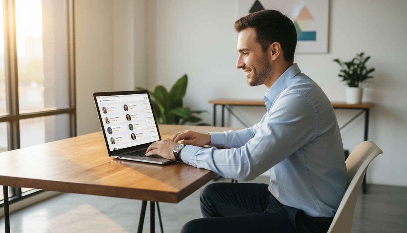 A small business owner at a desk in a modern office, smiling while checking positive customer reviews on a laptop screen shown at an angle, one person only, warm natural lighting, professional realistic style.