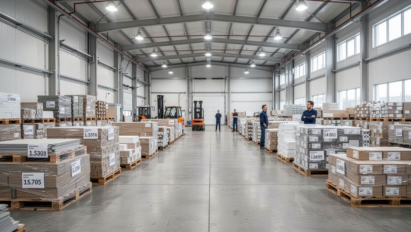 Spacious clean warehouse facility interior during a tour, with organized staging area featuring labeled pallets of materials and finished goods stacked neatly, and a distant view of workers and equipment in a wide-angle shot.