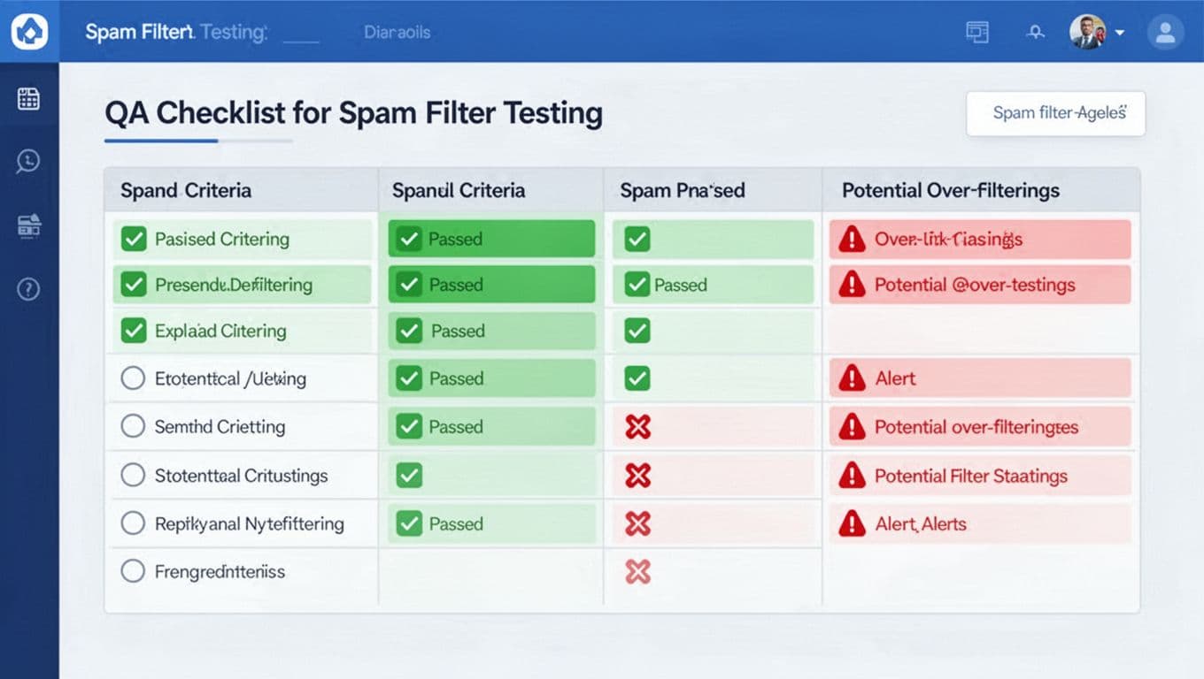 Dashboard checklist shows QA items for spam filters with green checks, red flags, and warning icons.