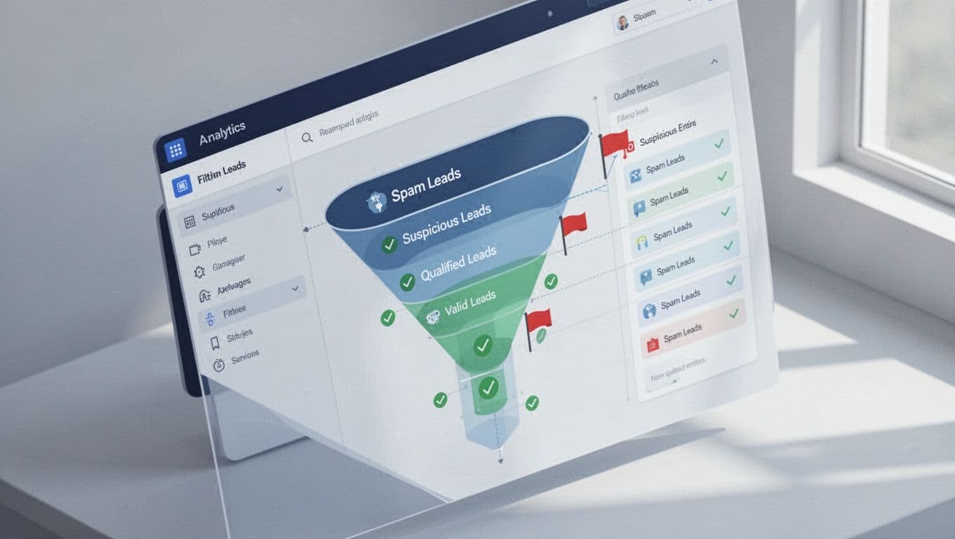 Isometric analytics dashboard shows spam leads filtered from qualified ones in a funnel with red flags and green checks.