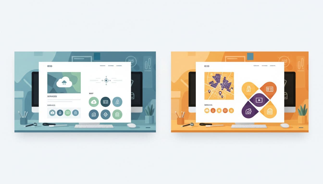 Split scene comparing a generic template on the left with a customized location page on the right, featuring abstract icons for services and a map in a modern graphic design studio setting, vibrant illustrative style.