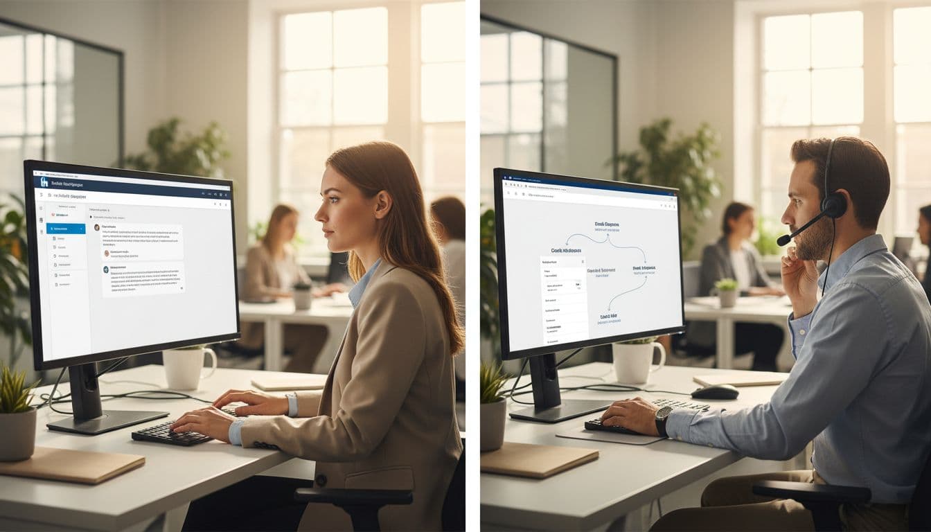 Split scene in a bright sales office: left side features a sales rep crafting personalized LinkedIn InMail with account maps and alerts on screen, right side shows a rep building email sequences and dialing calls using lead lists on dashboard. Professional realistic photo style with warm daylight lighting, exactly two people, one per side.