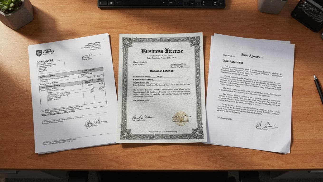Top-down view of assorted official documents like utility bills, business licenses, and lease agreements spread across a wooden desk surface. Realistic photography with soft office lighting, high detail, no people, no readable text, no watermarks.