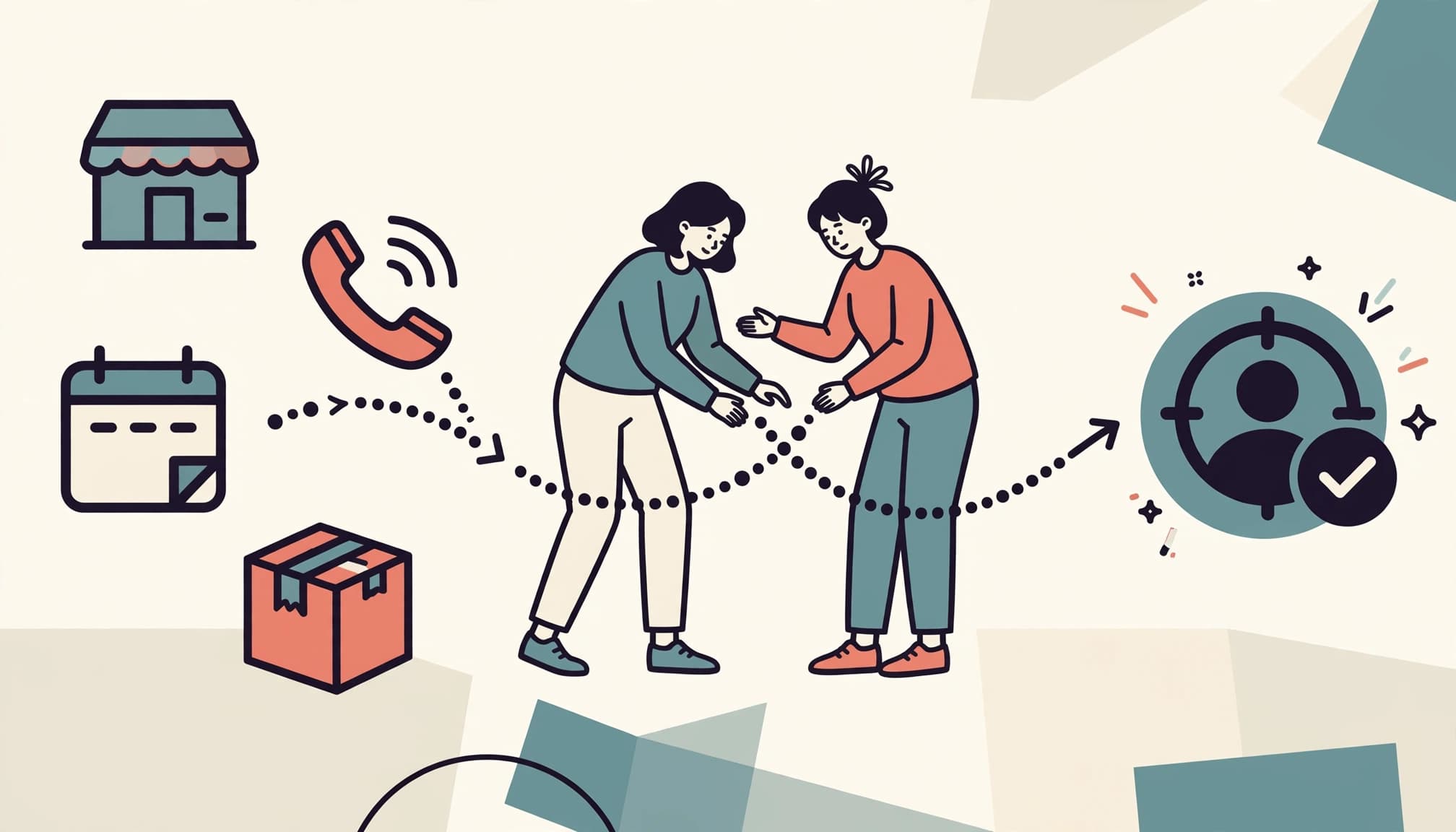 Two people sort marketing icons along a dotted path toward a customer conversion target.