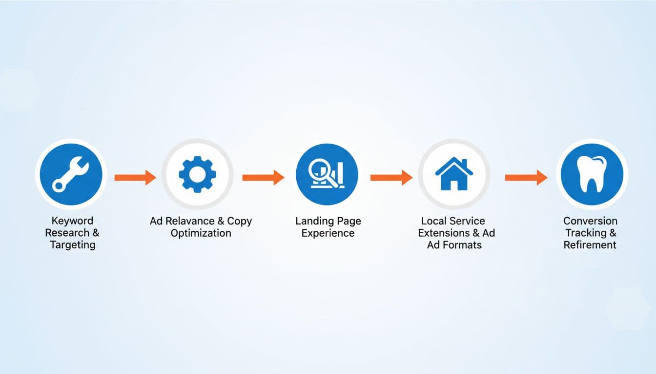 Icon-based flowchart depicting sequential steps for Quality Score optimization on PPC dashboards, featuring local service icons like wrench, tooth, and house in a professional blue, white, and orange design.