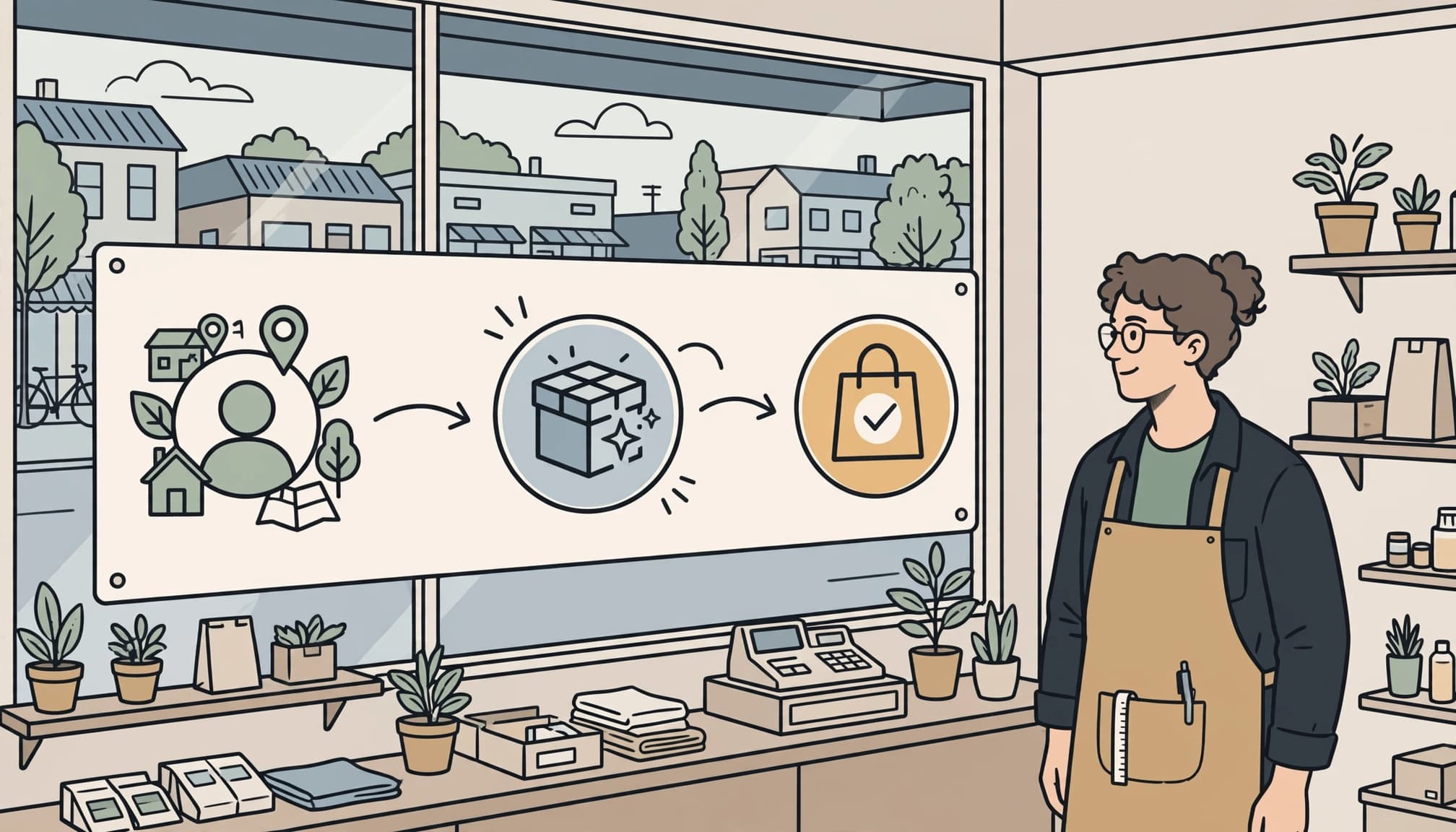 A store owner in an apron looks at a large diagram with icons representing a customer journey.