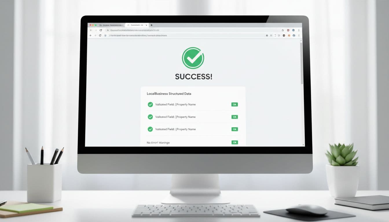 Desktop browser window on a monitor displaying a schema markup validation tool with green checkmarks and success indicators for LocalBusiness structured data, set on a simple office desk.