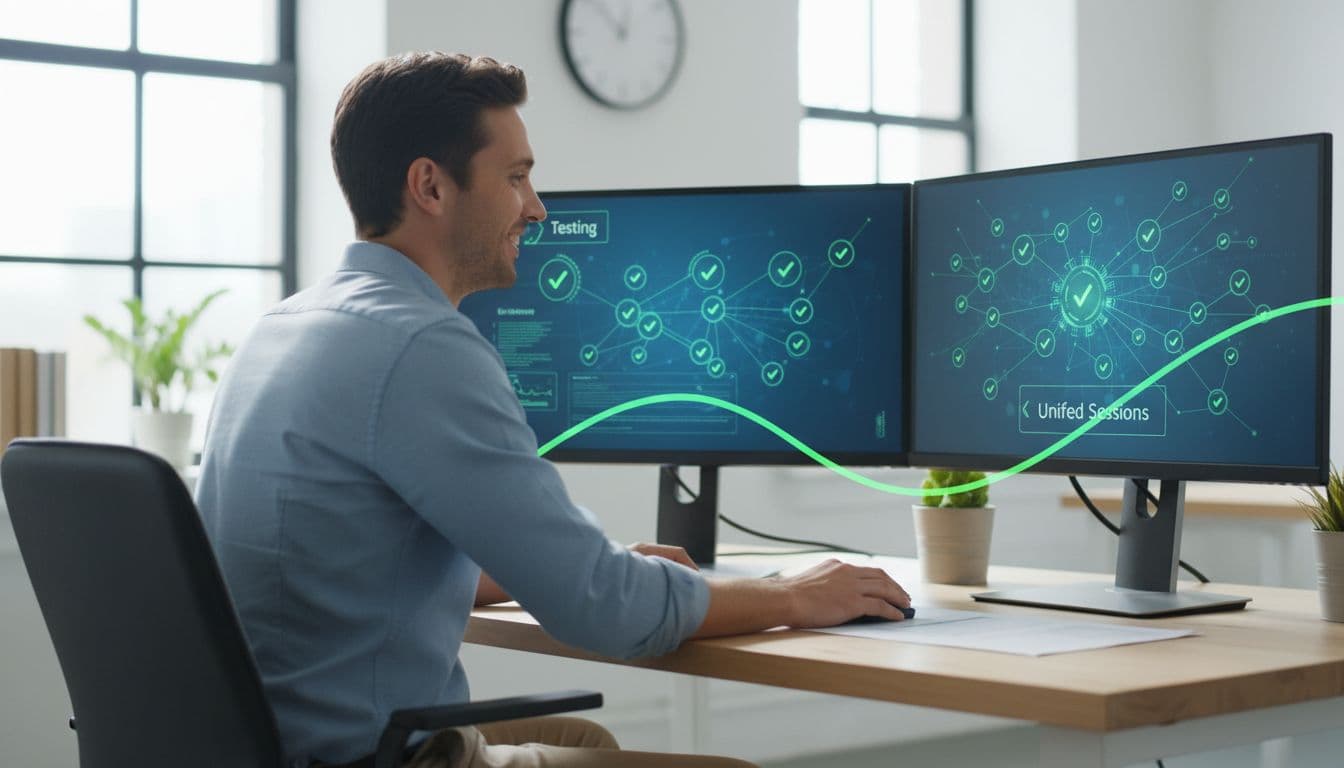 A smiling analyst in a bright modern workspace reviews a validation dashboard across dual monitors showing unified sessions and green checkmarks for successful testing verification. The back view captures hands on the desk with screens slightly out of focus and no visible text.