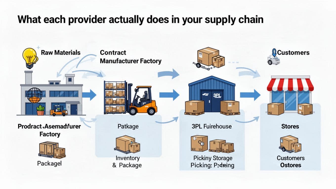 Simple infographic diagram showing supply chain flow from raw materials to contract manufacturer for assembly and packaging, then to 3PL warehouse for storage, picking, packing, and shipping to customers.