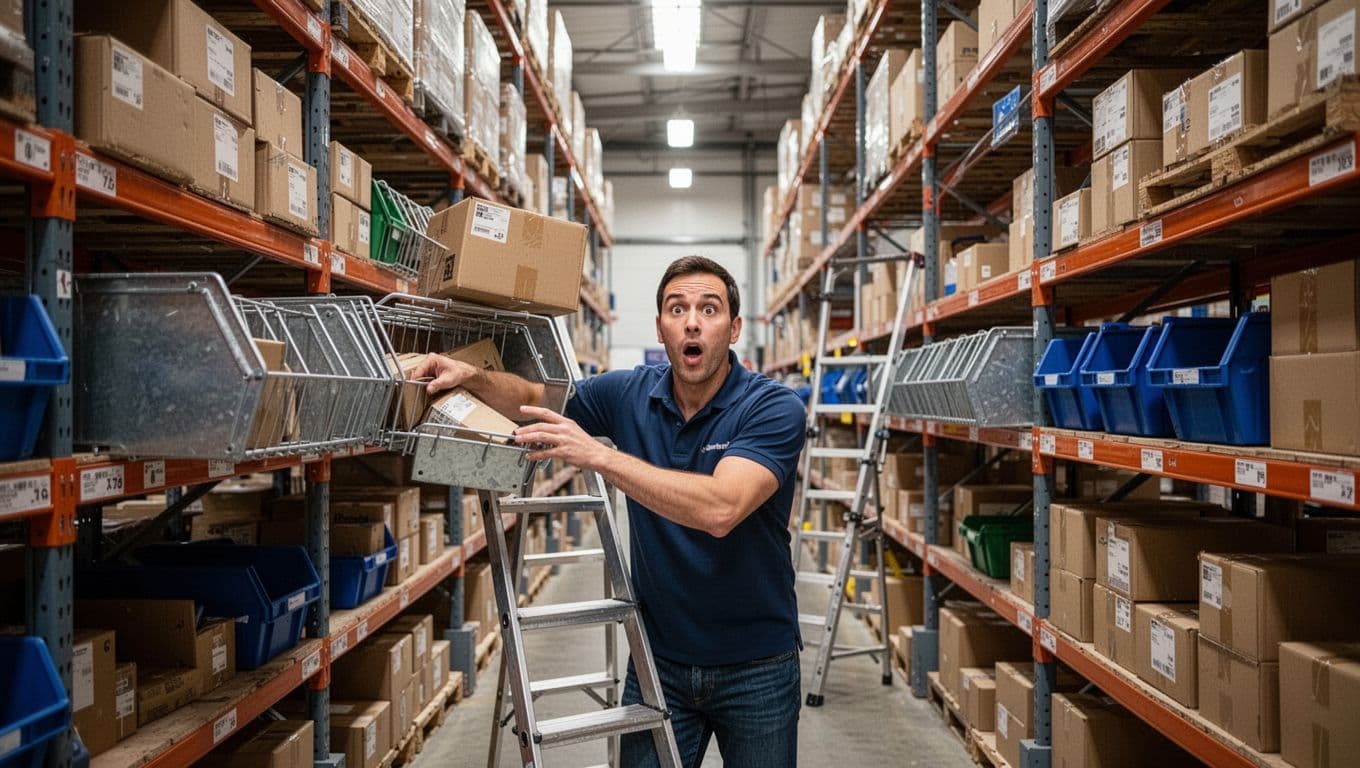 Photorealistic image of a single warehouse picker in a 3PL warehouse reaching into a nearly empty metal bin on a high shelf with a surprised expression, surrounded by stocked shelves, ladder nearby, and bright industrial lighting.