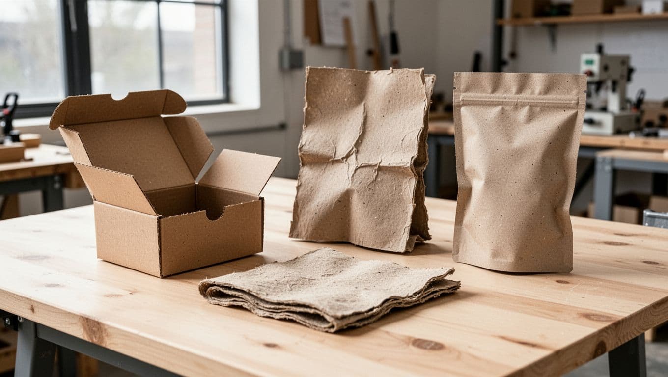 Eco-friendly custom packaging from recycled paperboard, recyclable paper, and biodegradable molded fiber arranged on a light wooden surface in a modern workshop, highlighting natural textures and earthy tones with soft natural lighting.