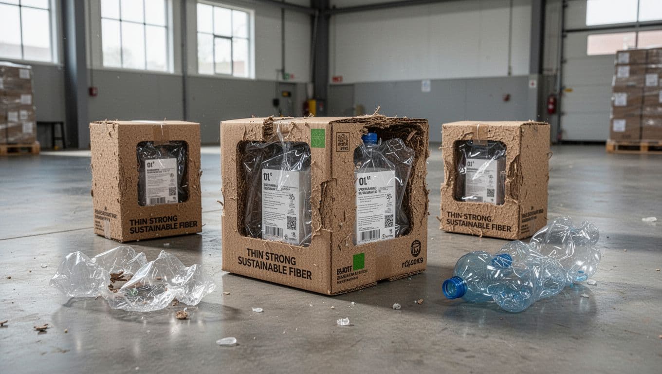 Photorealistic warehouse floor scene with thin strong sustainable fiber boxes protecting intact fragile products after a drop test, contrasted with crumpled traditional plastic packaging nearby.
