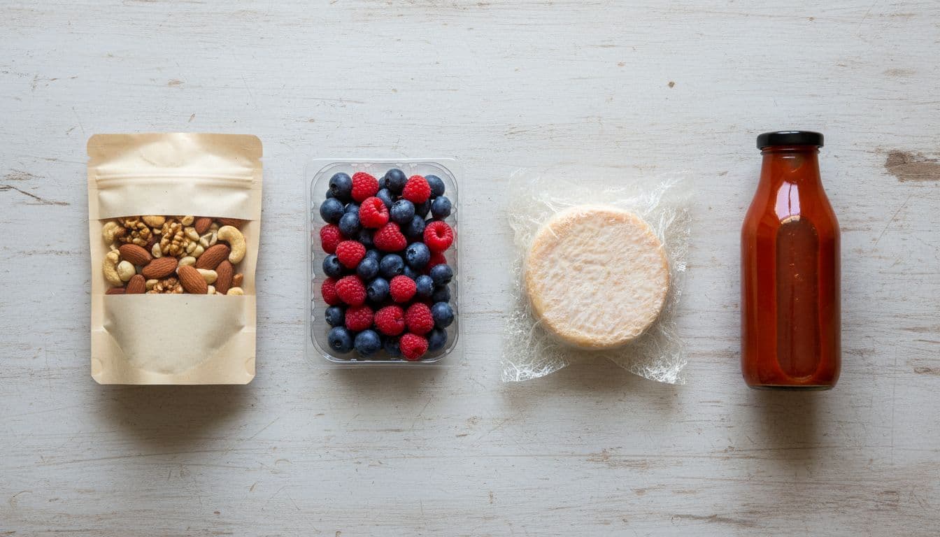 Top-down view of four sustainable food packaging items neatly arranged on a wooden table: recyclable paper pouches with nuts, mono-material plastic trays with berries, biodegradable wraps around cheese, and PCR content bottles with sauce, in realistic product photography style with soft natural daylight.