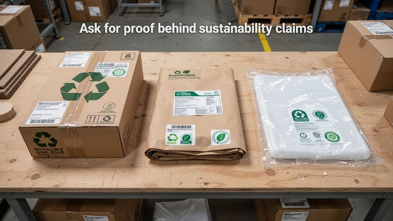 An organized workbench in a packaging facility displays three samples of sustainable materials: recyclable cardboard boxes, paper-based wraps, and plastic films with subtle certification icons, under natural overhead lighting.