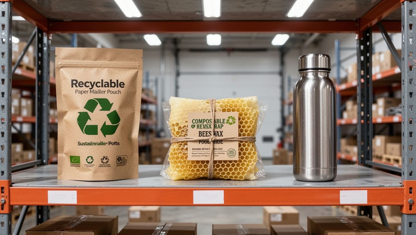 Warehouse shelf in a modern facility displaying three sustainable packaging examples: recyclable paper mailer pouch, compostable beeswax food wrap bundle, and reusable metal refillable bottle, arranged side-by-side in a clean, organized composition with bright natural overhead lighting.