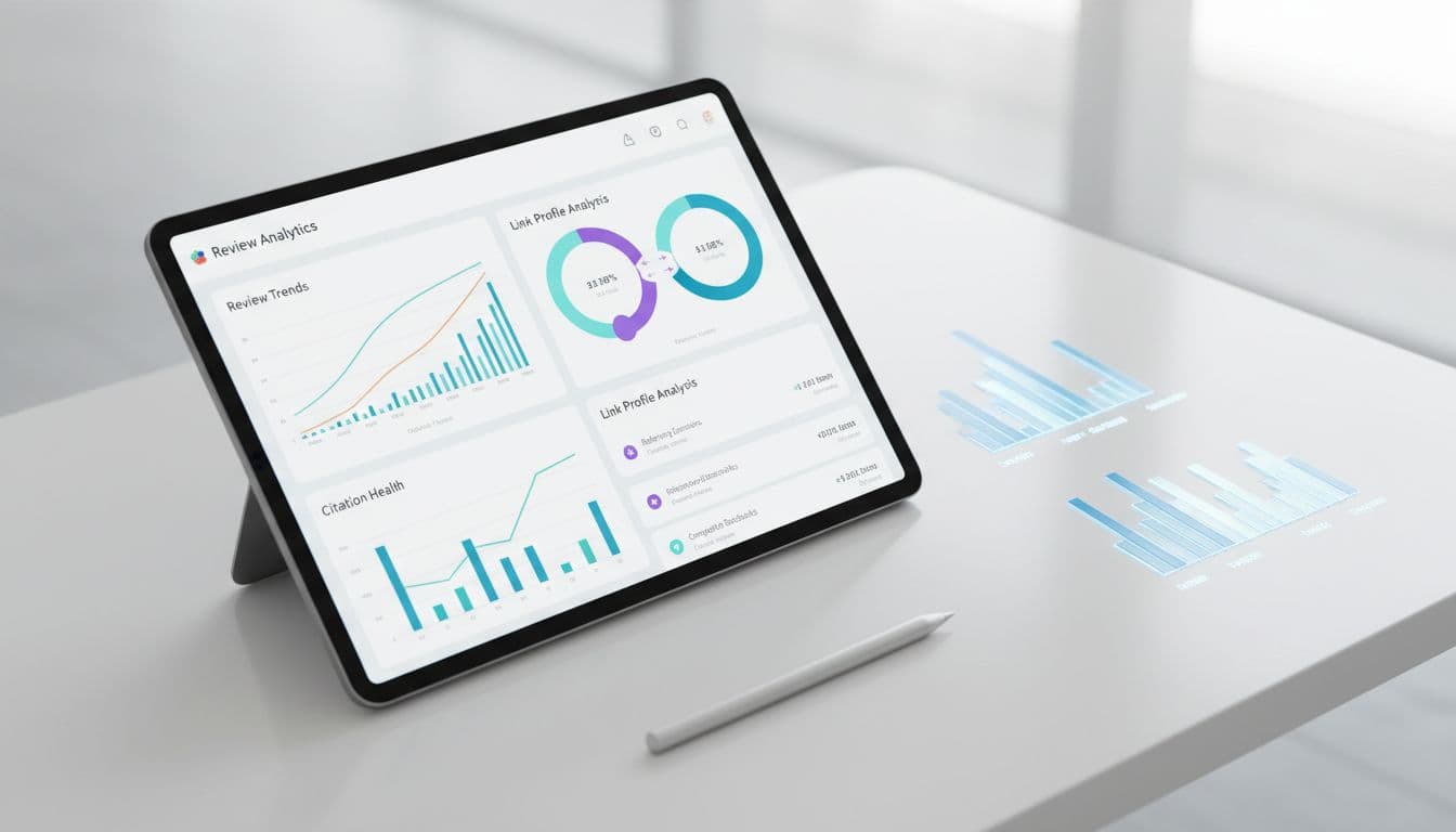 Tablet screen showing review analytics dashboard and citation audit report for local business, graphs of backlinks beside it, sleek desk with stylus, overhead composition, modern digital style realistic elements, diffused lighting, no people or hands interacting closely, no readable text.