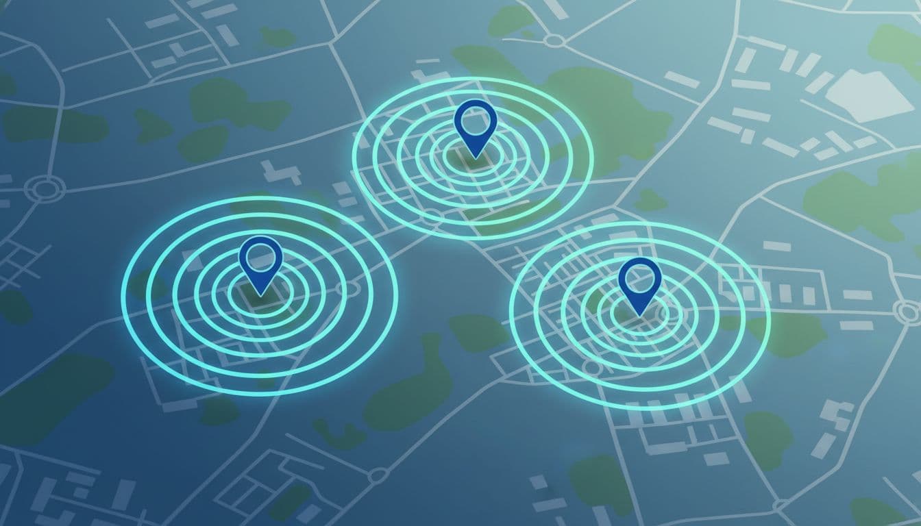 Illustration of a city map highlighting targeted service areas for a local plumber business, featuring radius circles around key neighborhoods in a clean, professional style with blues and greens.