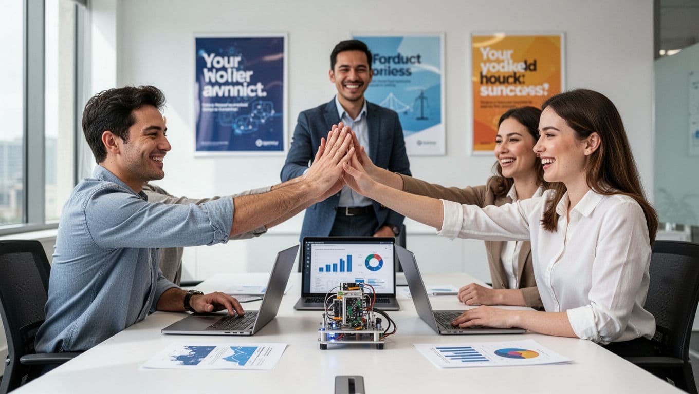 Photo-realistic image of a small team of three in a bright conference room high-fiving over a table with laptop, product prototype, and charts, with an agency consultant smiling in the background and motivational posters on the wall.