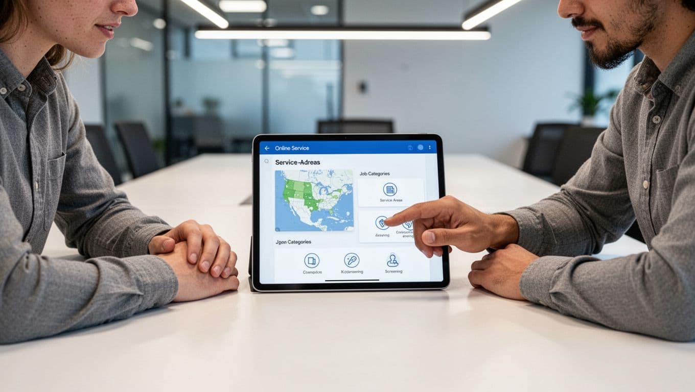 Two team members at office table review LSA profile on tablet, checking service areas, job types, and screening icons.