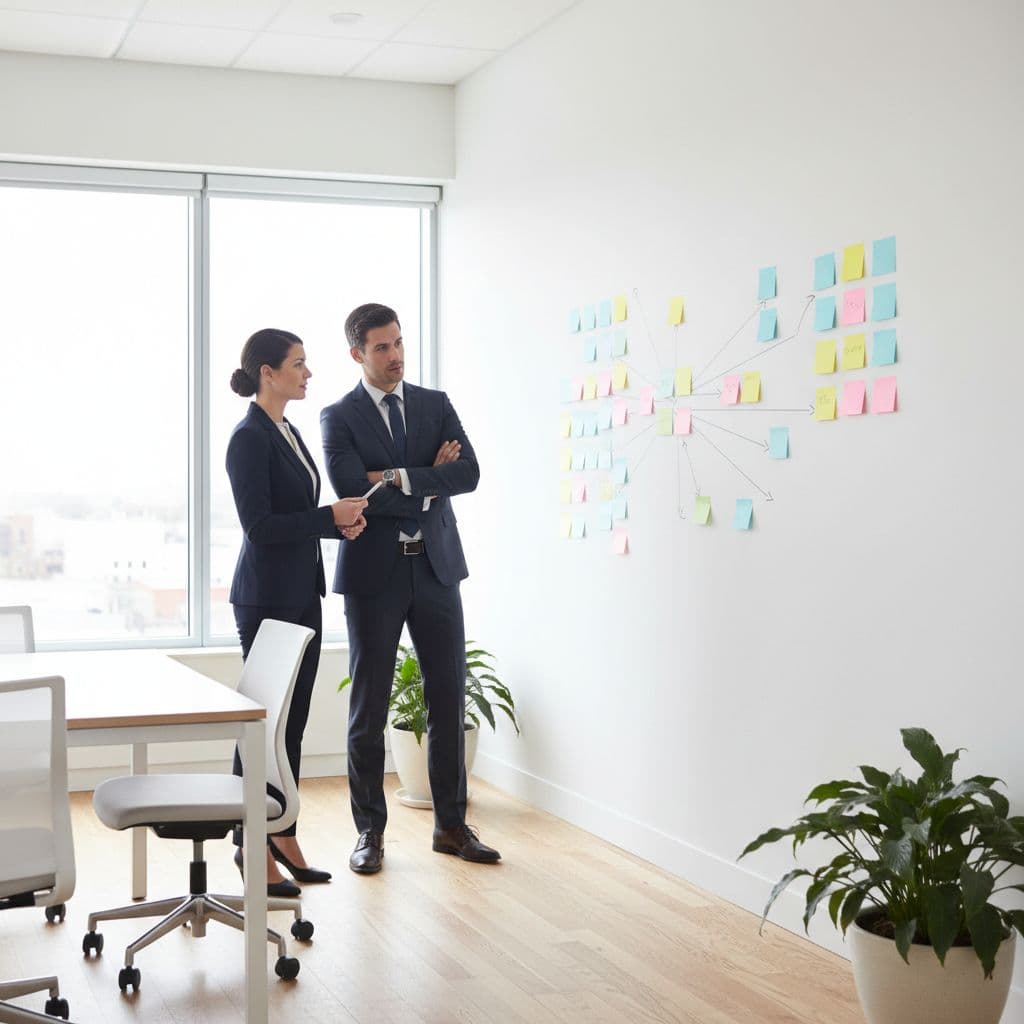 Two colleagues discuss business strategy while brainstorming with sticky notes on a modern office wall.