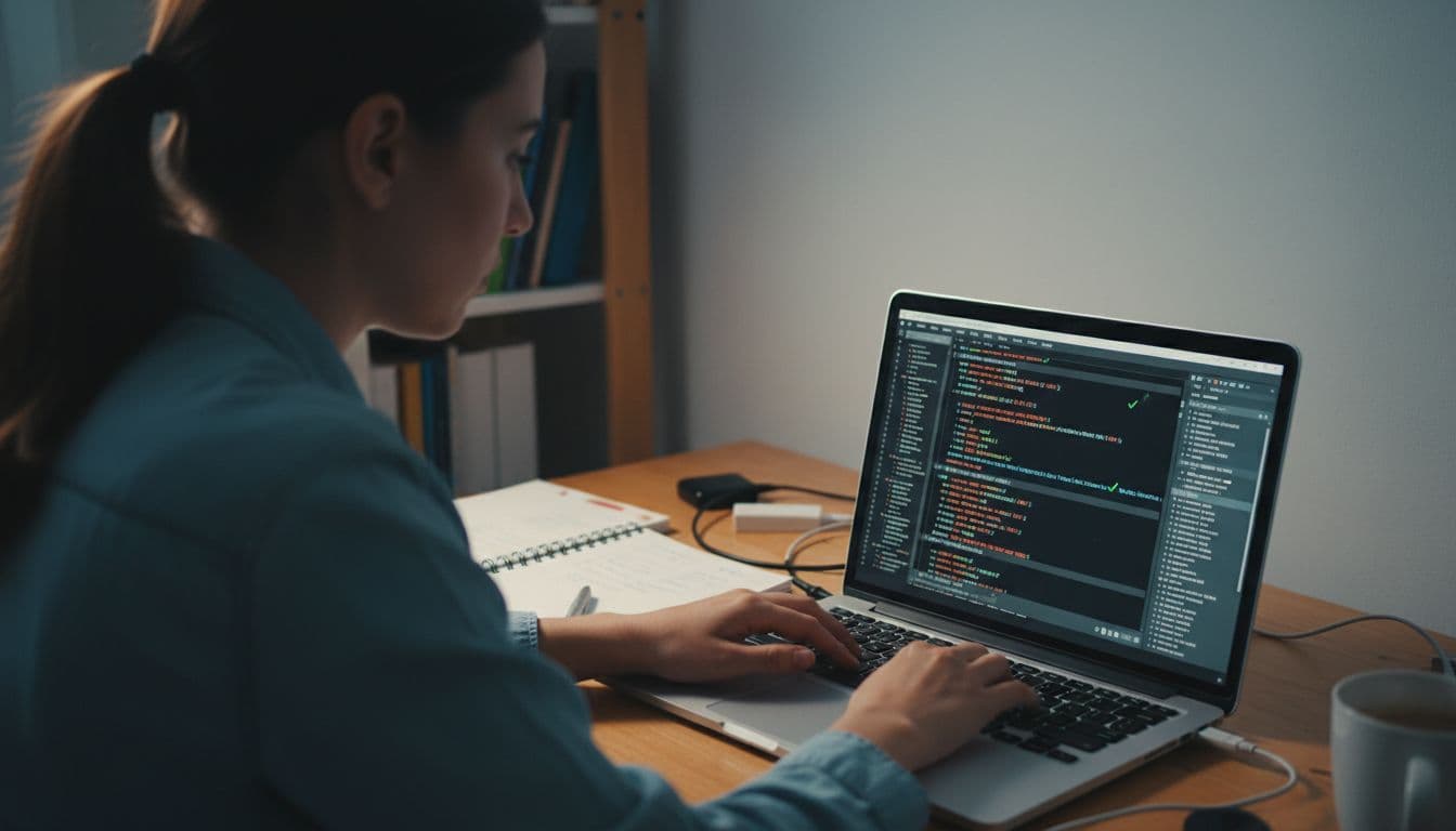 A focused technician repairs code on a laptop screen displaying error logs and emerging green checkmarks, with an open debug console and notepad on the desk under soft lighting in realistic style.