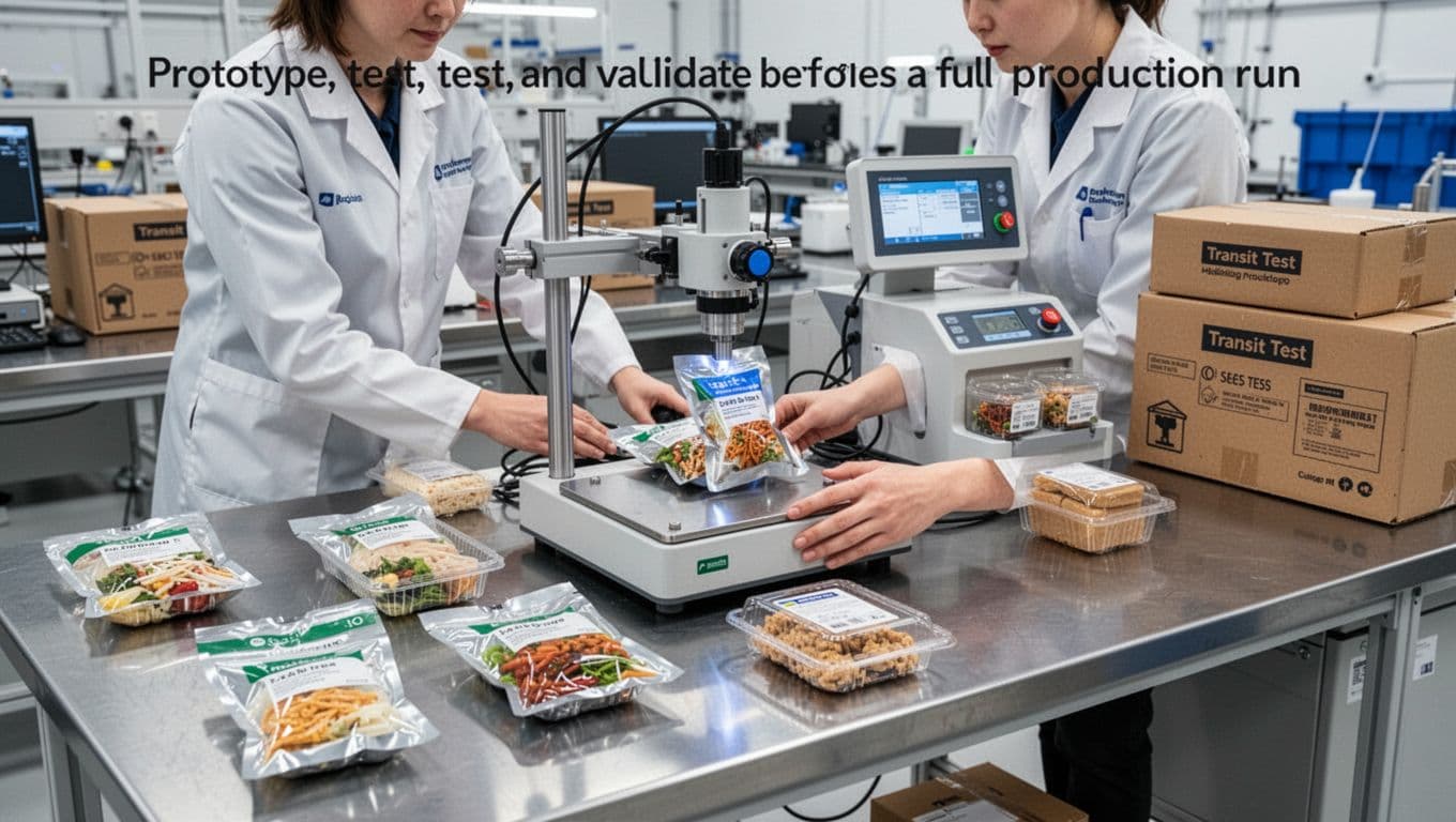 A single technician in a modern packaging lab conducting leak and seal tests on food pouches and trays using specialized equipment on a stainless steel workbench, surrounded by prototype samples.
