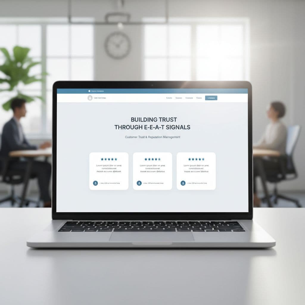 Laptop screen displays clean minimalist testimonial section on website interface, blurred modern office background.
