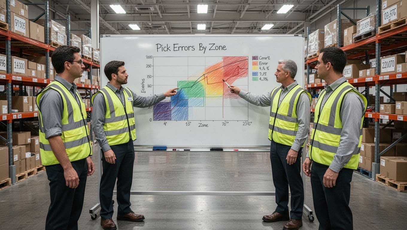 Photorealistic depiction of exactly three warehouse supervisors in high-visibility safety vests standing around a large whiteboard showing a pick error heatmap chart by zone in a modern warehouse office with shelves and bright lighting.