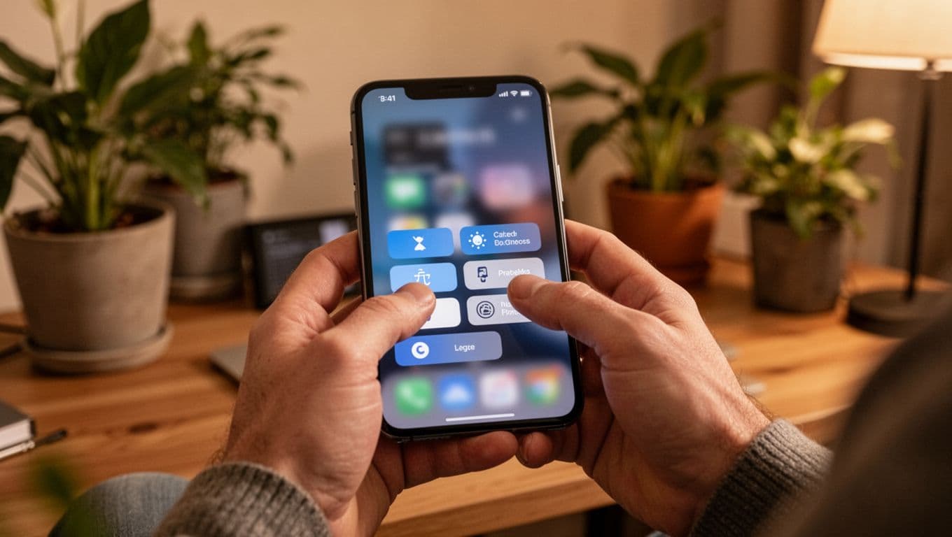 A person's thumbs comfortably tapping large touch-friendly buttons on a smartphone screen held naturally in two hands, in a cozy home office with plants and warm lighting. Photo-realistic UX design scene in landscape orientation with blurred screen.