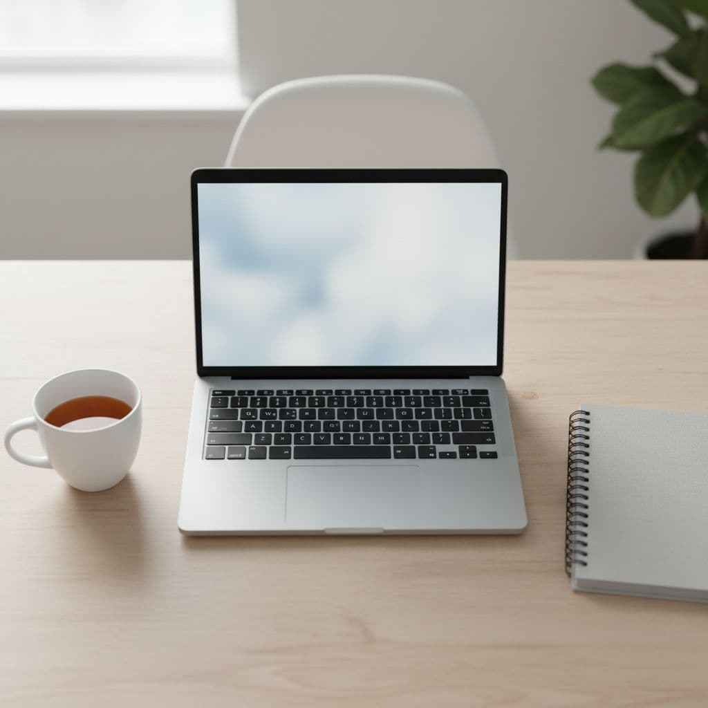Top-down view of a professional desk with laptop, notebook, and coffee cup.