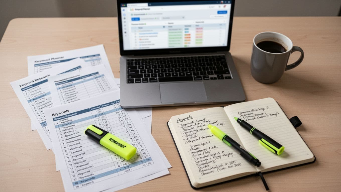 Top-down view of a photo-realistic marketer's desk with scattered printed keyword research lists, highlighter pen, notebook with handwritten notes, blurred laptop screen showing keyword planner, and coffee mug in a digital marketing setup under soft overhead lighting.