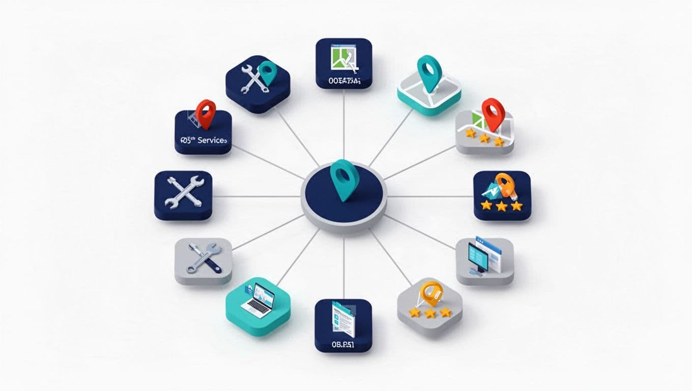 Professional B2B hub-and-spoke diagram for topic clusters, connecting a central hub to spokes with local service icons like tools, map pins, and review stars in subtle isometric flat hybrid style with high contrast, ample white space, and a palette of deep blue, teal, and warm gray.