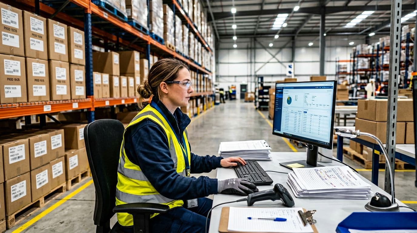 Photorealistic image of one worker in safety gear reviewing lot numbers and production records on a computer screen at a clean desk station in a modern FMCG co-packer warehouse, with printed logs, ingredient tracking sheets, and shelves of labeled batch boxes in the background under bright industrial lighting.