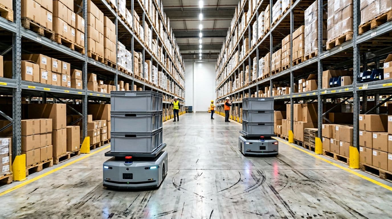 Photorealistic image of exactly two autonomous mobile robots (AMRs) navigating a wide warehouse aisle while transporting gray plastic totes, surrounded by tall metal racking shelves filled with cardboard boxes and three distant workers in safety vests on a concrete floor under bright industrial lighting.