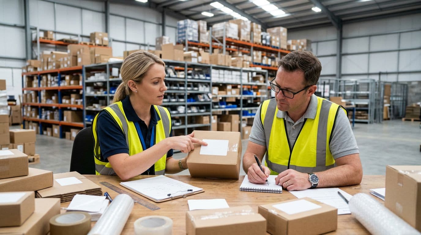 Photorealistic image of exactly two professionals in a modern warehouse office reviewing repackaging samples, boxes, and documents on a table; one points to a label on a box while the other takes notes in a bright, organized setting with shelves in background.