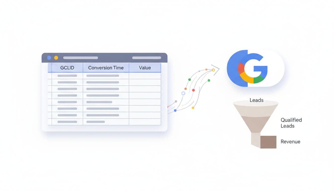Clean modern illustration depicting a spreadsheet with GCLID, conversion time, and value columns uploading to a Google Ads button, paired with a lead qualification funnel narrowing to revenue on a professional tech dashboard in neutral tones.