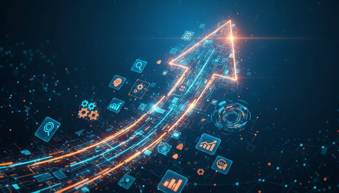 Abstract upward arrow surrounded by glowing data icons in blue and orange tones.